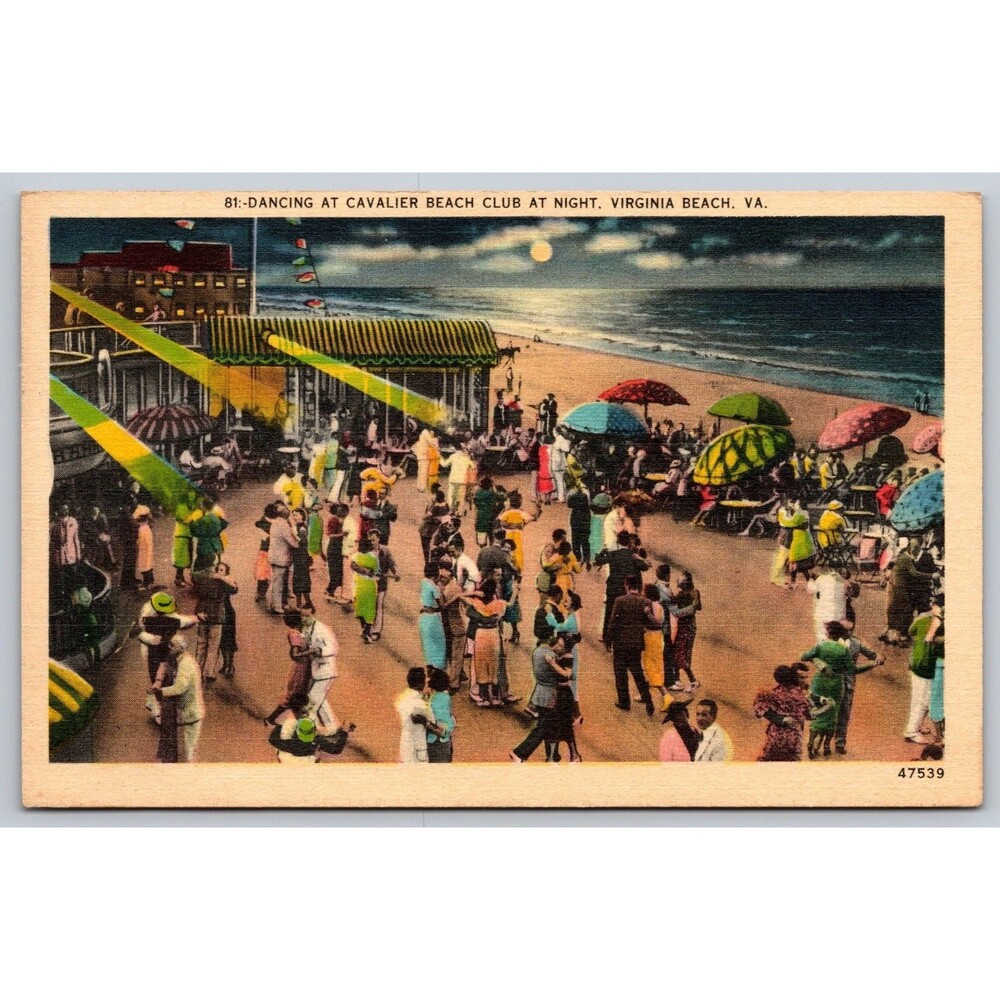Postcard Virginia Beach VA Dancing at Cavalier Club at Night Full Moon 1945 WWII